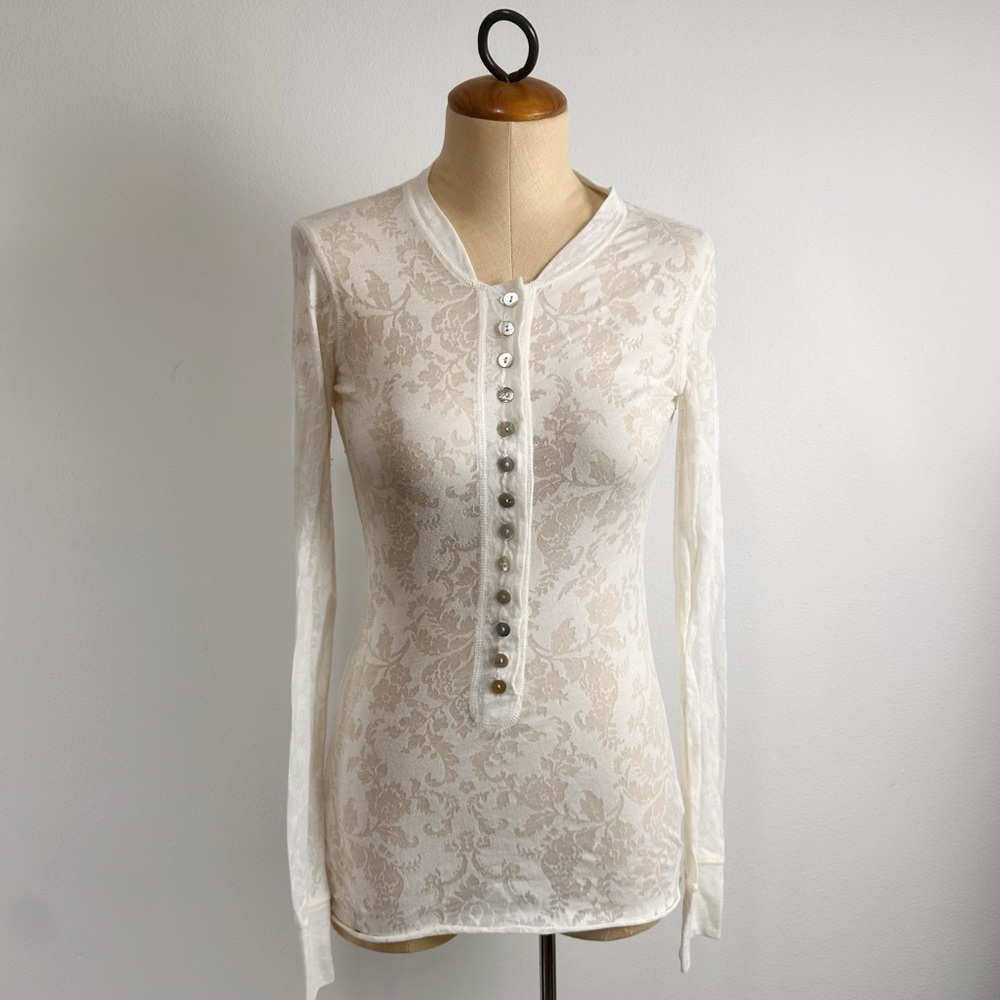 Pete Collection Cream Henley Top Semi Sheer Iridescent Buttons Jacquard Small